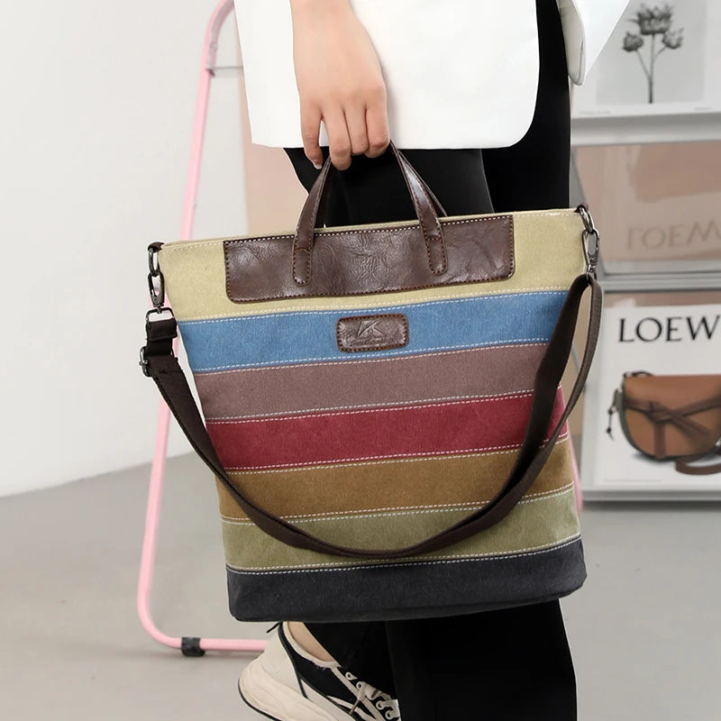 Patchwork Shoulder Bag Vintage Canvas+PU Leather Tote