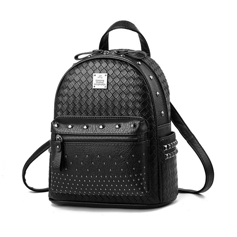 Women's PU Leather Woven Pattern Rivet Backpack