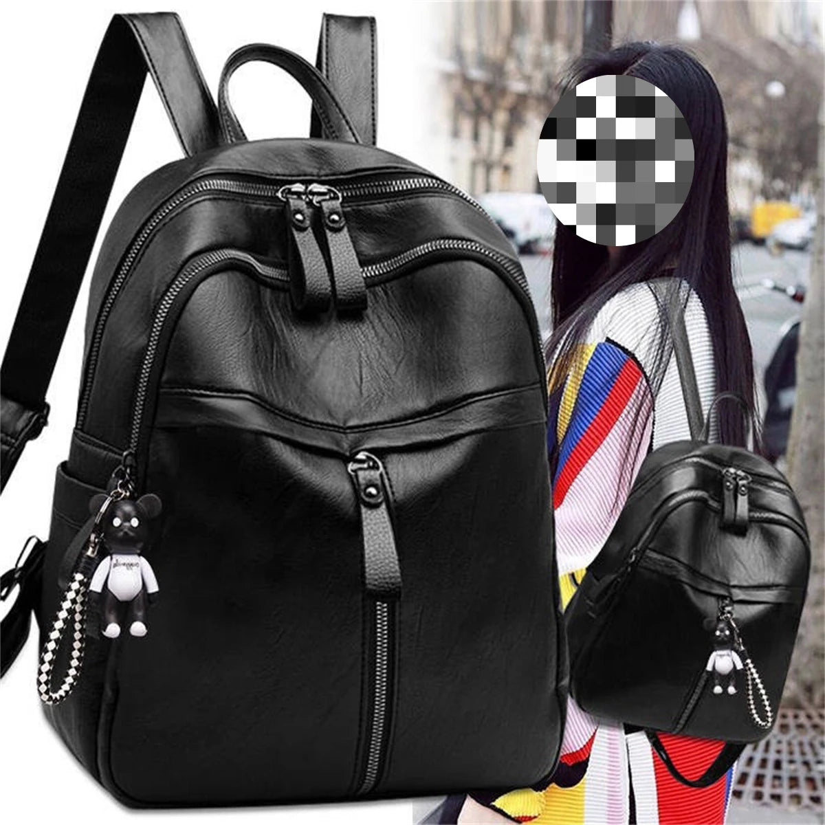 Women's PU Leather Backpack Casual Satchel Rucksack