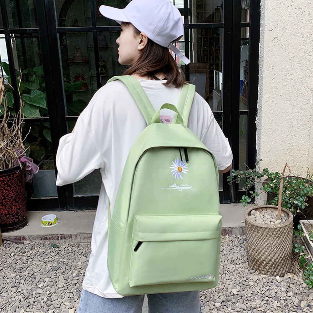 Canvas School Backpack Green Daisy Embroidery Large Capacity