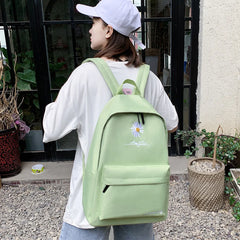 Canvas School Backpack Green Daisy Embroidery Large Capacity