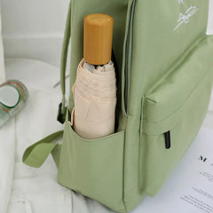 Canvas School Backpack Green Daisy Embroidery Large Capacity