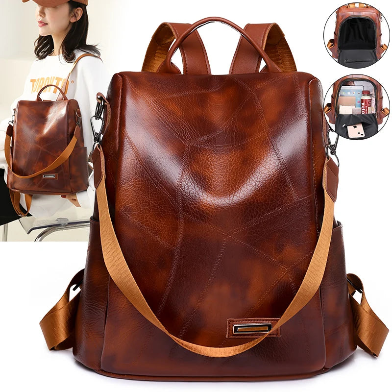Vintage Leather Backpack School Bag Girls