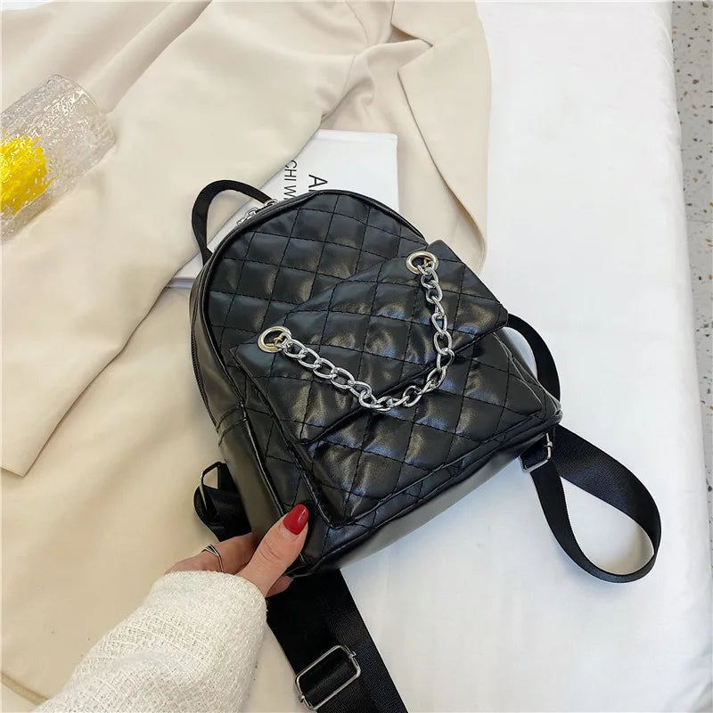 Women's Backpack Diamond Chain Casual Soft Leather Travel Backpack