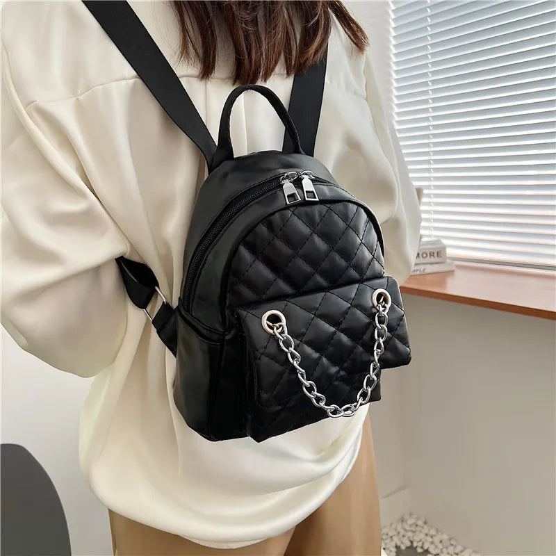 Women's Backpack Diamond Chain Casual Soft Leather Travel Backpack