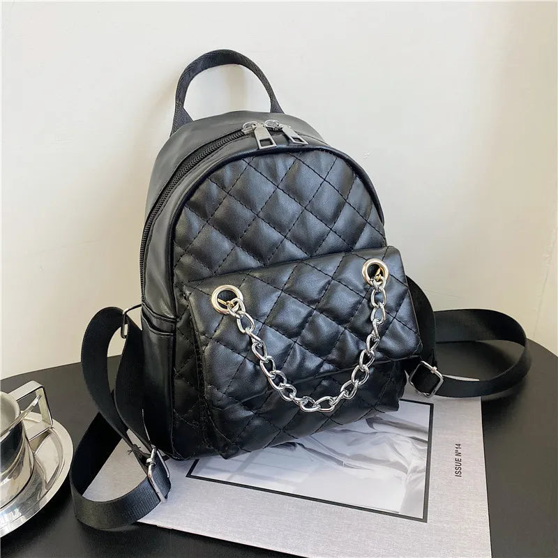 Women's Backpack Diamond Chain Casual Soft Leather Travel Backpack