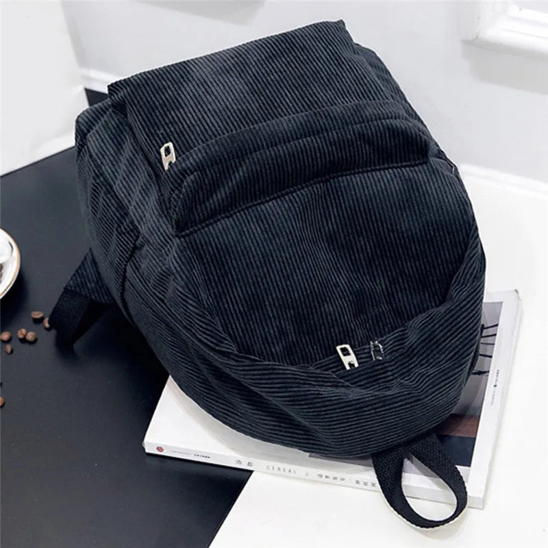 Corduroy School Backpack for Girls Casual Rucksack Mochila
