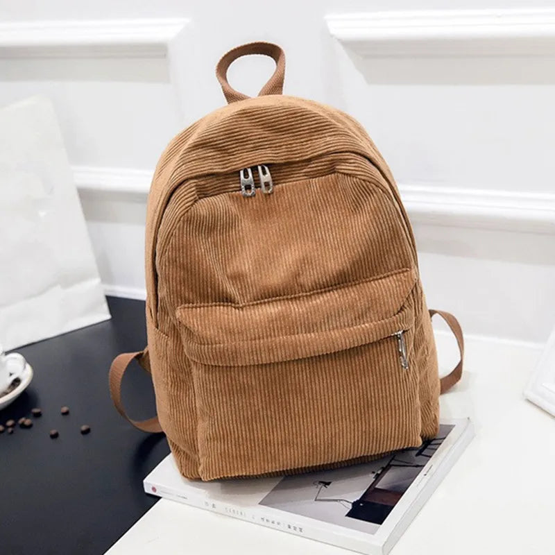 Corduroy Women School Backpack Pure Women Backpack Girl School Bag