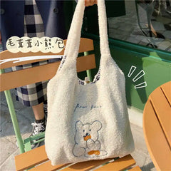 Women's Lamb Wool Bear Fabric Shoulder Bag Canvas Handbag