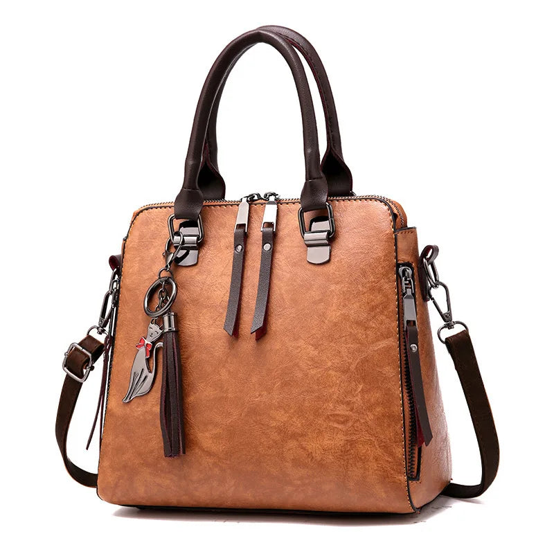 Retro Handbag Large Capacity Women's Bag with Fox Pendant