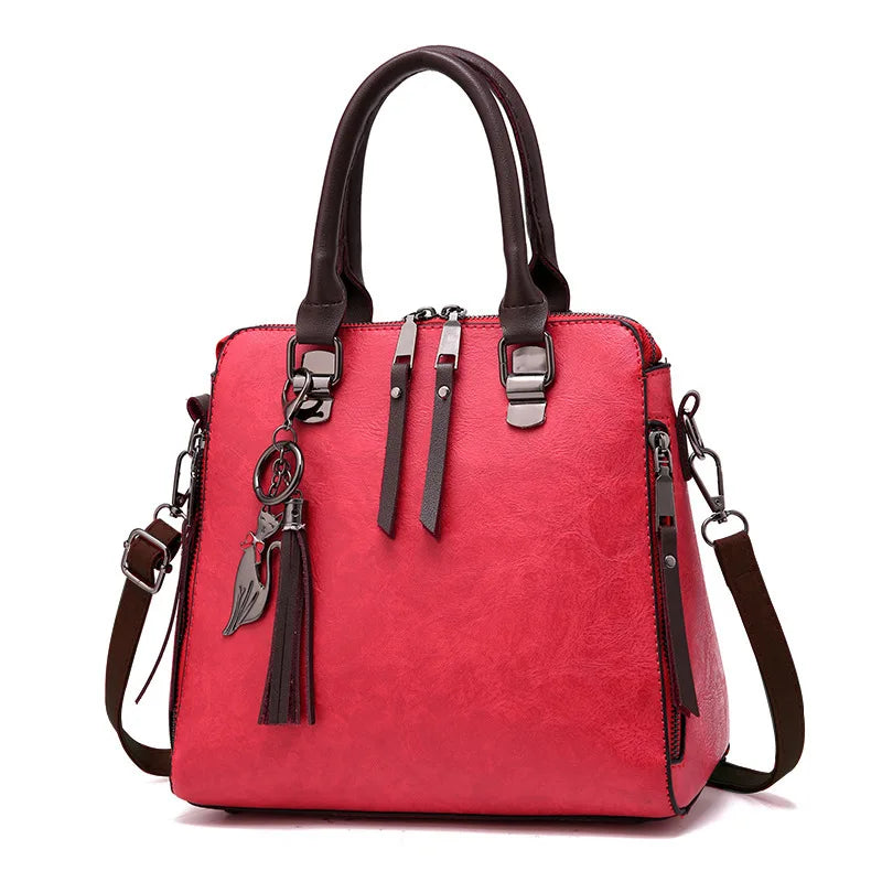Retro Handbag Large Capacity Women's Bag with Fox Pendant