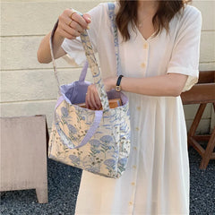 Women's Casual Canvas Shoulder Bag Flower Print Zipper Handbag