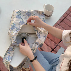 Women's Casual Canvas Shoulder Bag Flower Print Zipper Handbag