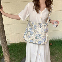 Women's Casual Canvas Shoulder Bag Flower Print Zipper Handbag