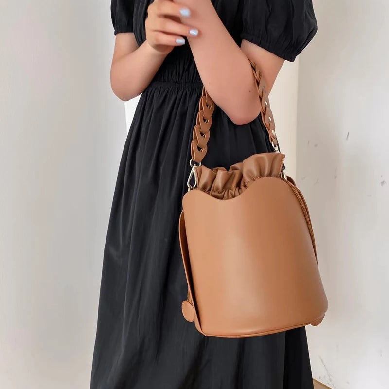 Women's Drawstring Bucket Bag PU Leather Crossbody