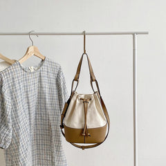 Women's Bucket Handbags Drawstring Small Shoulder Bag PU Leather Crossbody