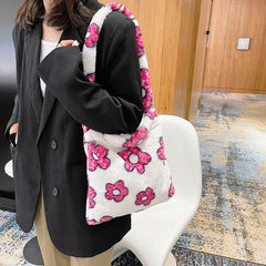 Floral Print Plush Shoulder Bag for Women, Large Capacity Handbag