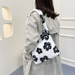 Floral Print Plush Shoulder Bag for Women, Large Capacity Handbag