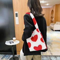 Floral Print Plush Shoulder Bag for Women, Large Capacity Handbag