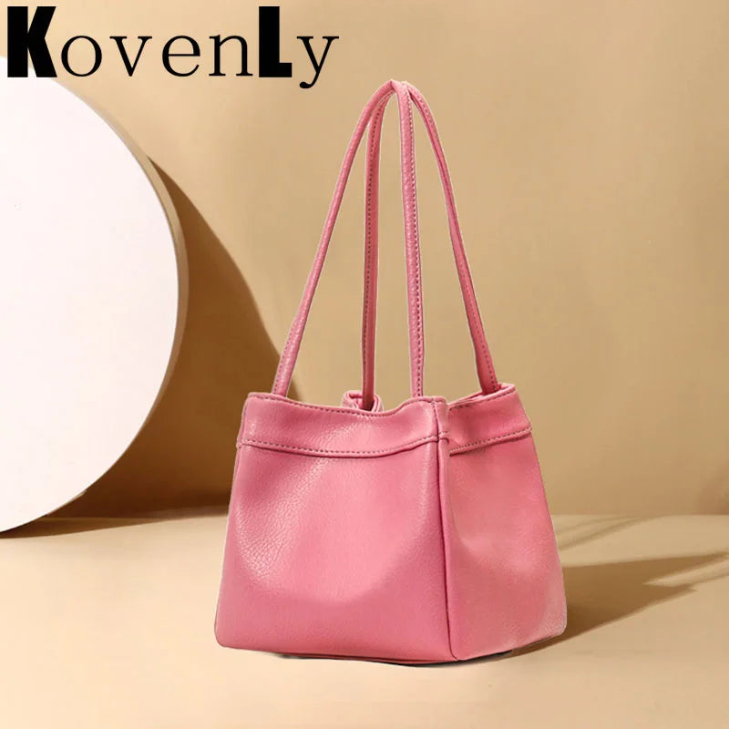 Vintage Leather Bucket Shoulder Bag for Women Handbag