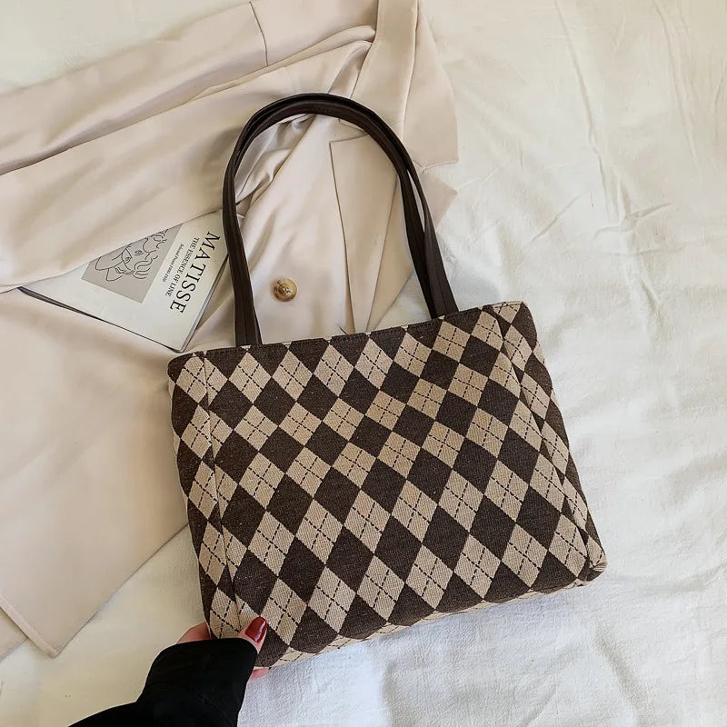 Women's Large Capacity Retro Rhombus Tote Bag