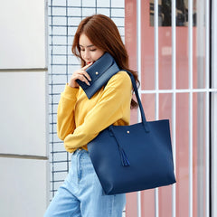 Tassel Shoulder Shopper Bag Casual Ladies Large Capacity PU Tote Handbags 2pcs