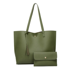 Tassel Shoulder Shopper Bag Casual Ladies Large Capacity PU Tote Handbags 2pcs