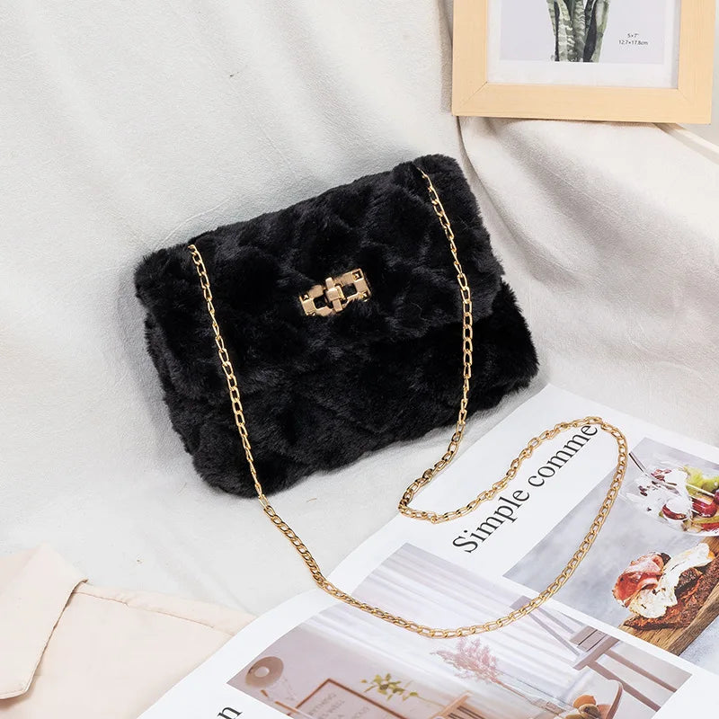 Women's Fleece Crossbody Messenger Bag with Chain Strip
