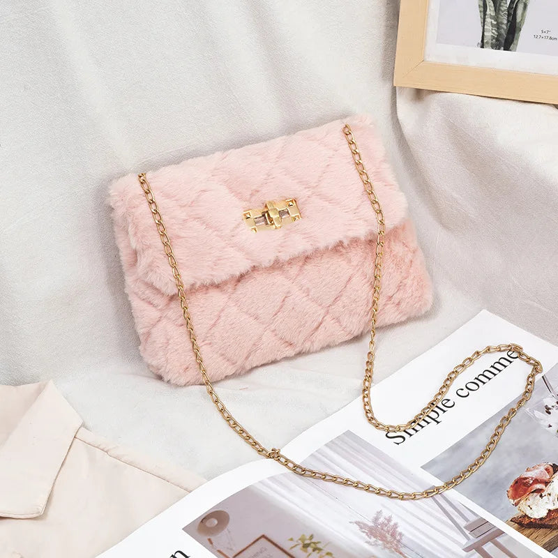 Women's Fleece Crossbody Messenger Bag with Chain Strip