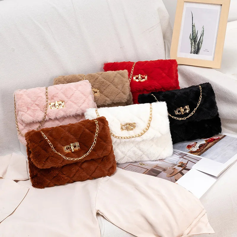 Women's Fleece Crossbody Messenger Bag with Chain Strip