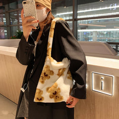 Flower Print Plush Shoulder Shopping Bag Autumn Winter Tote Handbag