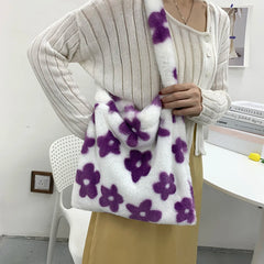 Flower Print Plush Shoulder Shopping Bag Autumn Winter Tote Handbag