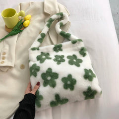 Flower Print Plush Shoulder Shopping Bag Autumn Winter Tote Handbag
