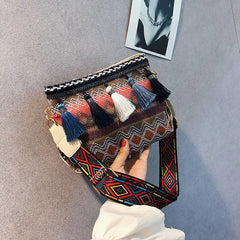 Ethnic Style Canvas Tassel Bucket Bag Crossbody Chain Bag