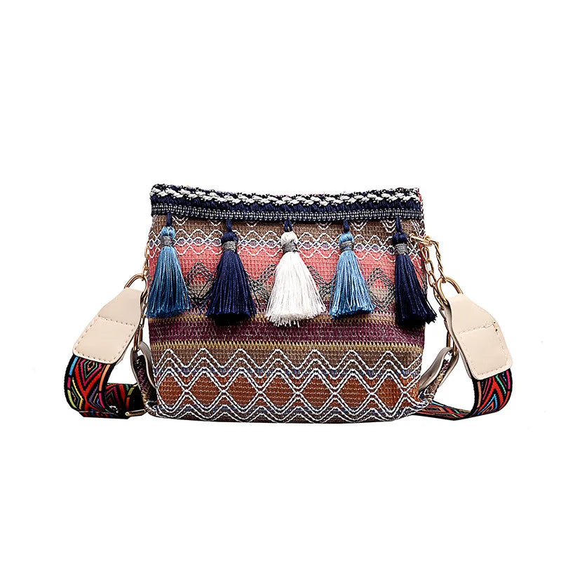 Ethnic Style Canvas Tassel Bucket Bag Crossbody Chain Bag