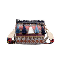 Ethnic Style Canvas Tassel Bucket Bag Crossbody Chain Bag