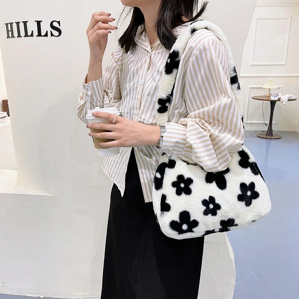 Plush Fur Flower Love Pattern Shoulder Bags Soft Fur Underarm Bag