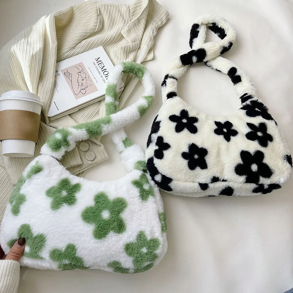 Plush Fur Flower Love Pattern Shoulder Bags Soft Fur Underarm Bag