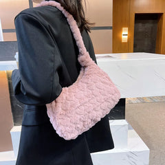 Plush Fur Flower Love Pattern Shoulder Bags Soft Fur Underarm Bag