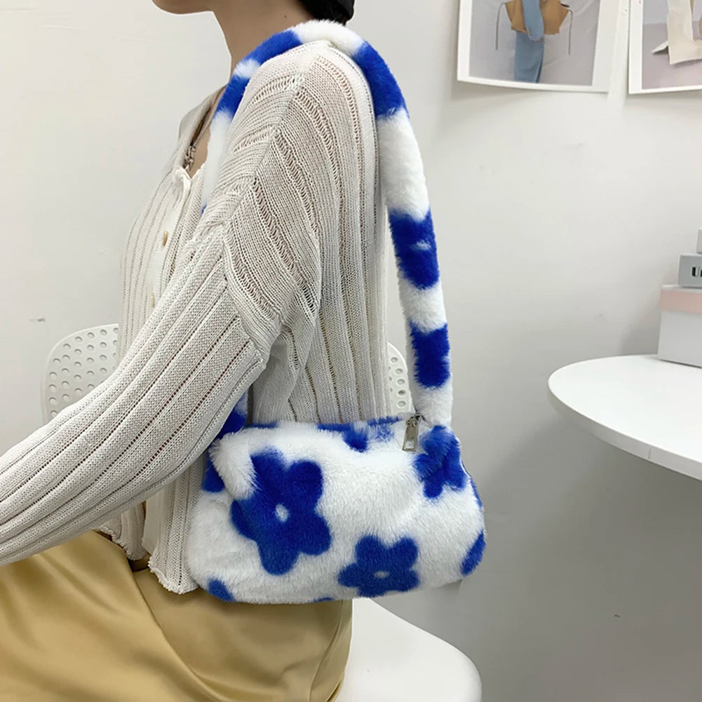 Plush Fur Flower Love Pattern Shoulder Bags Soft Fur Underarm Bag