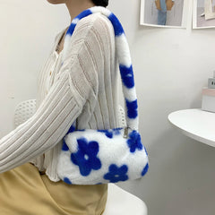 Plush Fur Flower Love Pattern Shoulder Bags Soft Fur Underarm Bag