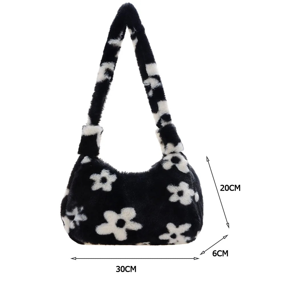 Plush Fur Flower Love Pattern Shoulder Bags Soft Fur Underarm Bag
