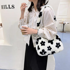 Plush Fur Flower Love Pattern Shoulder Bags Soft Fur Underarm Bag