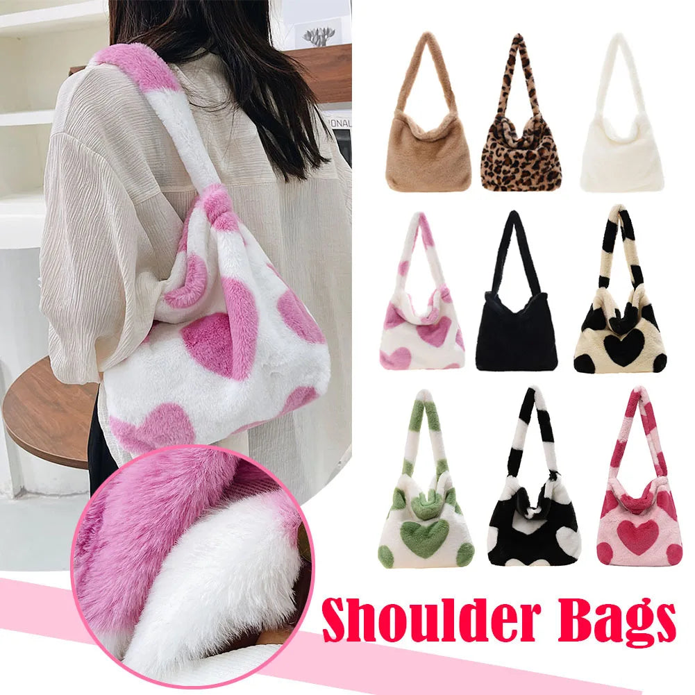 Leopard Plush Love Heart Shoulder Bag Women's Tote Handbag