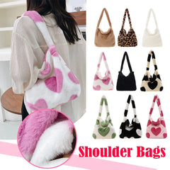 Leopard Plush Love Heart Shoulder Bag Women's Tote Handbag
