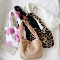 Leopard Plush Love Heart Shoulder Bag Women's Tote Handbag