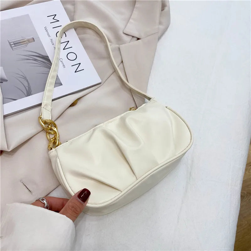 Retro Women Pleated Chain Shoulder Bag Casual Small Handbag