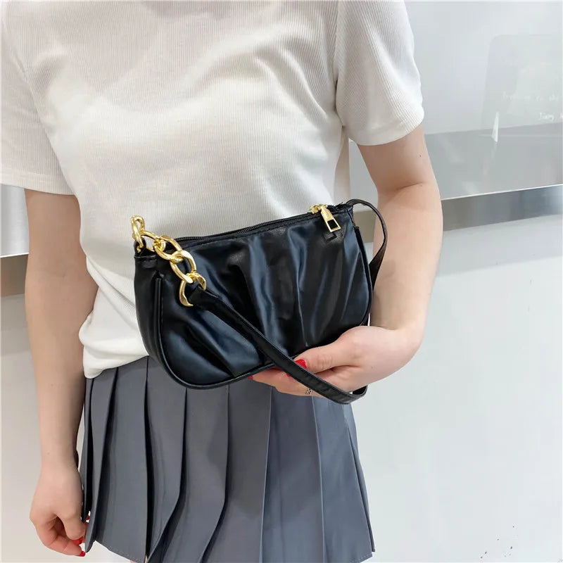 Retro Women Pleated Chain Shoulder Bag Casual Small Handbag