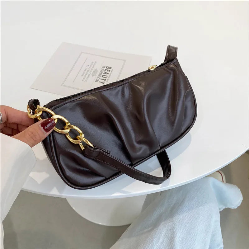 Retro Women Pleated Chain Shoulder Bag Casual Small Handbag