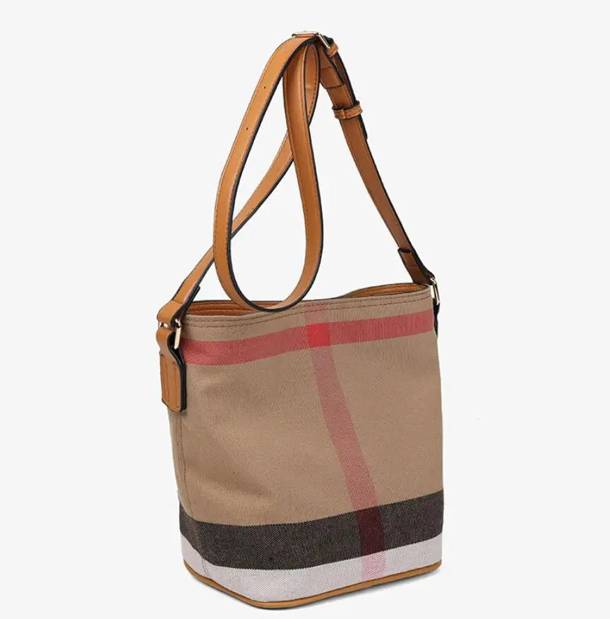 Canvas Bucket Handbag Plaid Messenger Bag Women Shoulder Bags